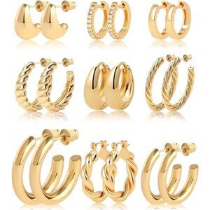 Gold Hoop Earrings for Women Chunky Twisted Huggie Hoops Earrings Set 14K Real